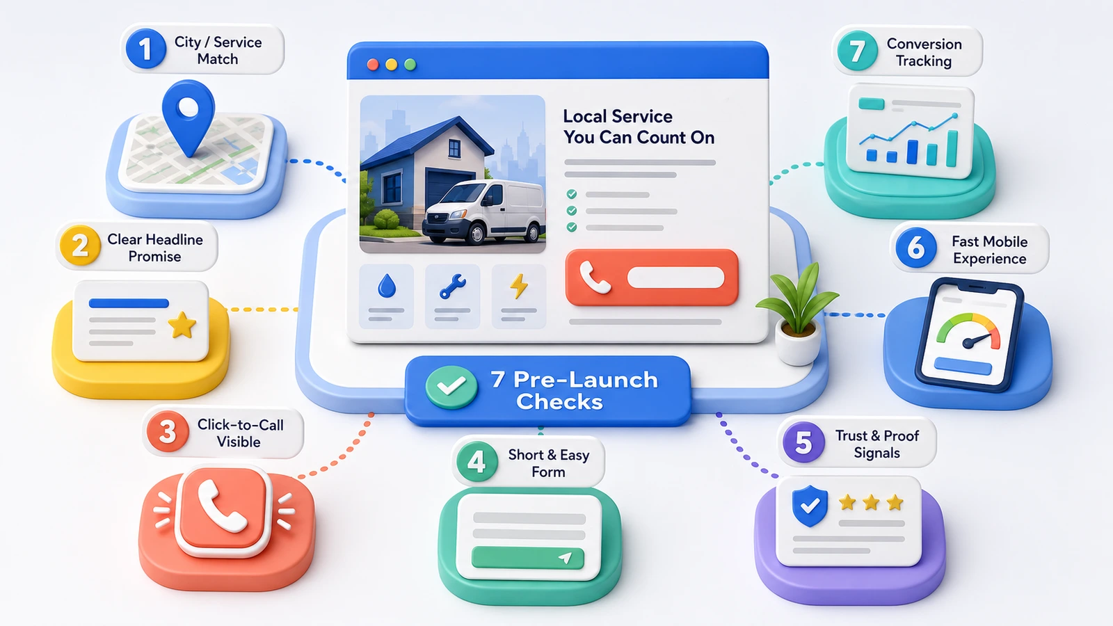 本地服务 Google Ads 落地页七项检查示意图