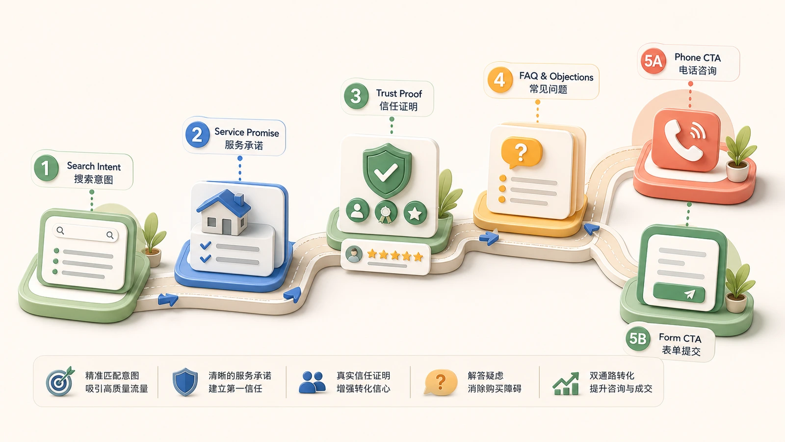 服务页从搜索意图到信任证明、FAQ 和咨询按钮的转化路径