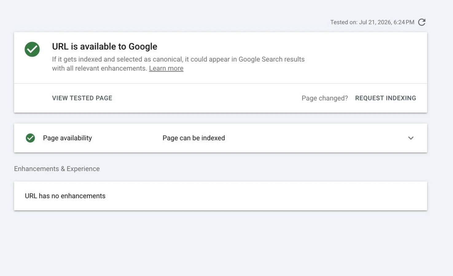 Search Console 实时测试显示页面可被 Google 访问并允许编入索引